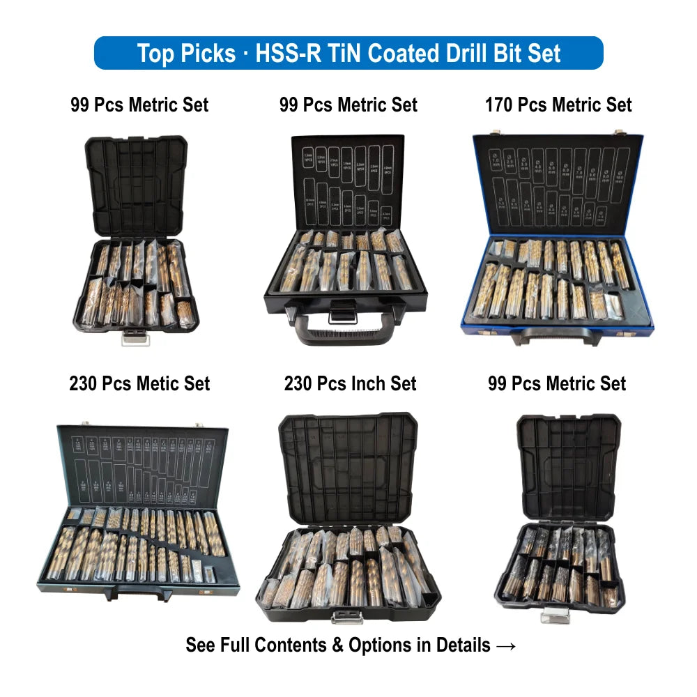230 Pcs Titanium Coated HSS -R Drill Bit Set, SAE 3/64" to 1/2" Inch Twist Jobber Bit Kit for Metal Drilling in Plastic Case