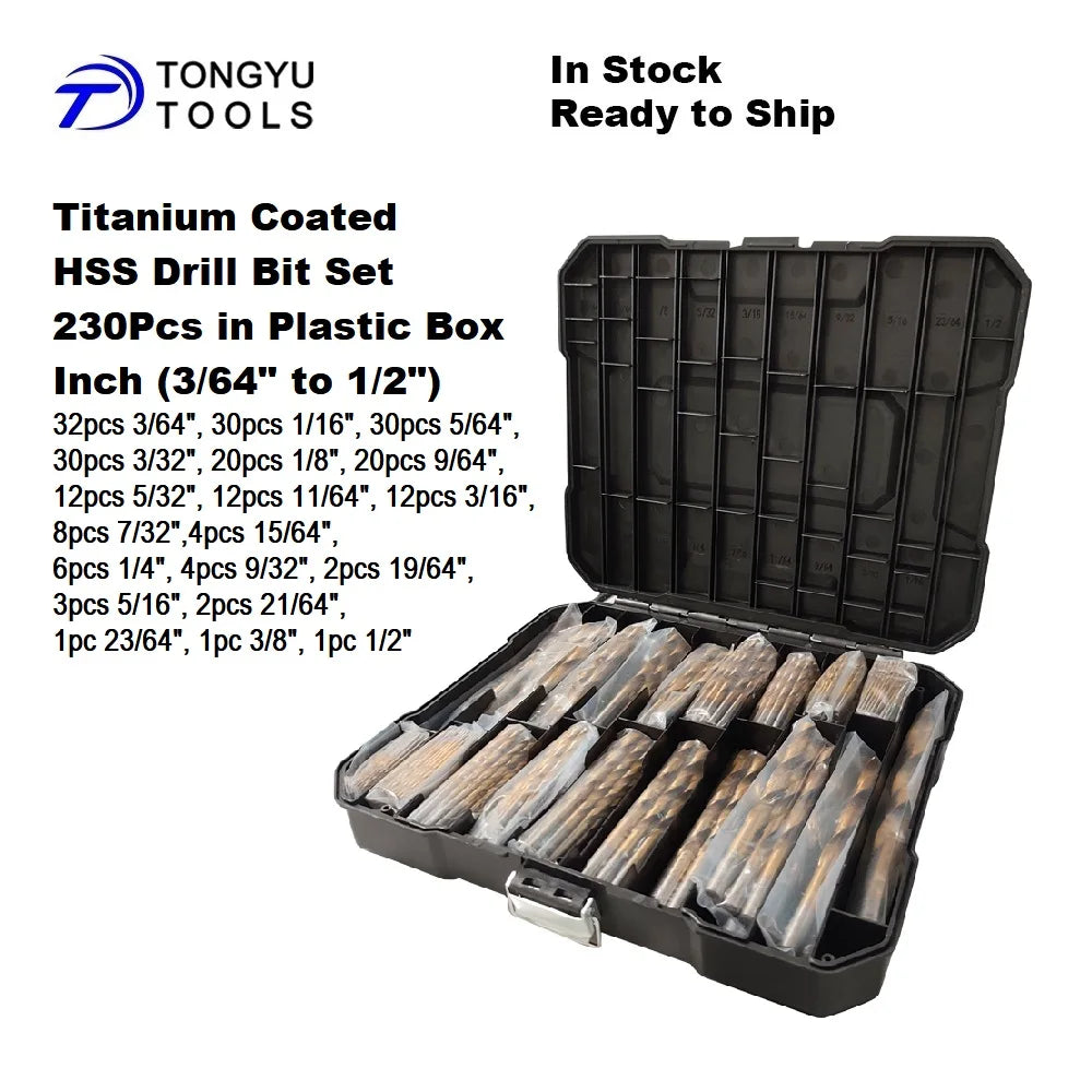 230 Pcs Titanium Coated HSS -R Drill Bit Set, SAE 3/64" to 1/2" Inch Twist Jobber Bit Kit for Metal Drilling in Plastic Case