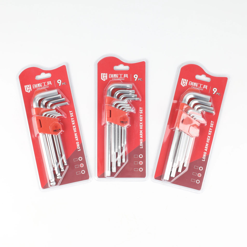 Long 9pcs Allen Hex Ball Torx L-Key Wrench Kit Metric 1.5mm 10mm 1/16 3/8 Spanner Tools Cr-V for DIY OEM Customization