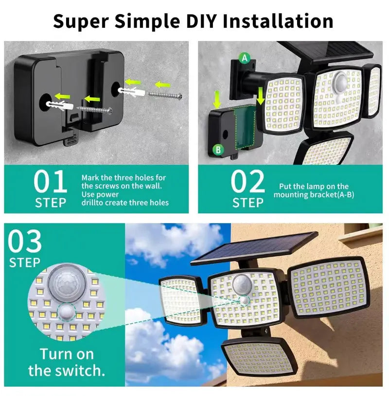 Solar Outdoor Security Light – 4500LM, 306LED, 4-Head Motion Sensor